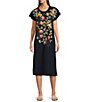Color:Navy Multi - Image 1 - Scoop Neck Short Sleeve Floral Embroidered Knit Shift Midi Dress