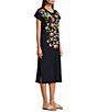 Color:Navy Multi - Image 3 - Scoop Neck Short Sleeve Floral Embroidered Knit Shift Midi Dress