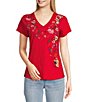 Color:Red Multi - Image 1 - V-Neck Floral Embroidered Short Sleeve Knit Top