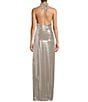 Color:Champagne - Image 2 - Zane Metallic Sequin Woven Knotted Keyhole Halter Neck Sleeveless Side-Slit A-Line Maxi Dress