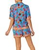 Color:Blue Floral - Image 2 - Floral Print Short Sleeve Notch Collar Woven Shorty Pajama Set