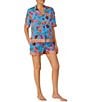 Color:Blue Floral - Image 3 - Floral Print Short Sleeve Notch Collar Woven Shorty Pajama Set
