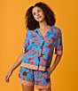 Color:Blue Floral - Image 4 - Floral Print Short Sleeve Notch Collar Woven Shorty Pajama Set