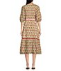 Color:Red - Image 2 - Flirty Printed 3/4 Puff Sleeve Button Down Midi Dress