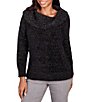 Color:Black - Image 1 - Eyelash Knit Metallic Detail Ribbed Marilyn Collar Long Sleeve Pullover Sweater