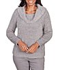Color:Grey - Image 1 - Eyelash Knit Metallic Detail Ribbed Marilyn Collar Long Sleeve Pullover Sweater