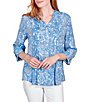 Color:Blue Light Combo Multi - Image 1 - Floral Print Band Notch V-Neck Roll-Tab Sleeve Pleat Button-Front Blouse
