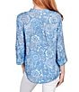 Color:Blue Light Combo Multi - Image 2 - Floral Print Band Notch V-Neck Roll-Tab Sleeve Pleat Button-Front Blouse