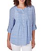 Color:Blue Moon Multi - Image 1 - Gingham Print Woven Round Band Collar 3/4 Roll-Tab Sleeve Blouse