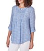 Color:Blue Moon Multi - Image 4 - Gingham Print Woven Round Band Collar 3/4 Roll-Tab Sleeve Blouse