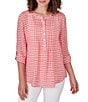 Color:Punch Multi - Image 1 - Gingham Print Woven Round Band Collar 3/4 Roll-Tab Sleeve Blouse