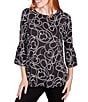 Color:Black/White - Image 1 - Heart Print Boat Neck 3/4 Flounce Sleeve Knit Top