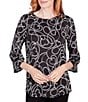 Color:Black/White - Image 4 - Heart Print Boat Neck 3/4 Flounce Sleeve Knit Top