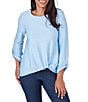Color:Light Chambray - Image 1 - Honeycomb Knit Crew Neck Gathered Front Hem 3/4 Sleeve Top