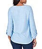 Color:Light Chambray - Image 2 - Honeycomb Knit Crew Neck Gathered Front Hem 3/4 Sleeve Top