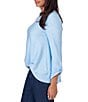 Color:Light Chambray - Image 3 - Honeycomb Knit Crew Neck Gathered Front Hem 3/4 Sleeve Top