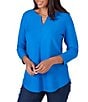 Color:Baltic - Image 4 - Knit Cable Stripe Keyhole Bar Detail 3/4 Sleeve Top