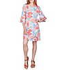 Color:Capri Multi - Image 1 - Knit Filigree Floral Scoop Neck 3/4 Flounce Sleeve A-Line Dress