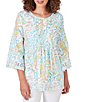 Color:Clear Blue Multi - Image 1 - Knit Ikat Paisley Crew Neck 3/4 Sleeve Embroidered Top