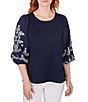 Color:Navy - Image 1 - Knit Crew Neck Embroidered 3/4 Balloon Sleeve Top