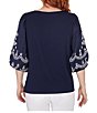 Color:Navy - Image 2 - Knit Crew Neck Embroidered 3/4 Balloon Sleeve Top