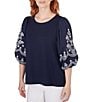 Color:Navy - Image 3 - Knit Crew Neck Embroidered 3/4 Balloon Sleeve Top