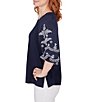 Color:Navy - Image 4 - Knit Crew Neck Embroidered 3/4 Balloon Sleeve Top