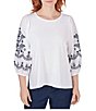 Color:White - Image 1 - Knit Crew Neck Embroidered 3/4 Balloon Sleeve Top