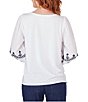 Color:White - Image 2 - Knit Crew Neck Embroidered 3/4 Balloon Sleeve Top