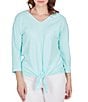 Color:Clear Blue - Image 1 - Knit V-Neck 3/4 Sleeve Tie Top