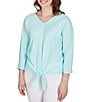 Color:Clear Blue - Image 4 - Knit V-Neck 3/4 Sleeve Tie Top