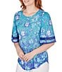 Color:Peacock Multi - Image 4 - Ombre Floral Burnout Knit Scoop Neck Elbow Length Sleeve Top