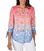 Color:Guava Multi - Image 1 - Ombre Paisley Print Knit Keyhole Neck Embroidered Shoulder Tie-Sleeve Top