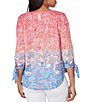 Color:Guava Multi - Image 2 - Ombre Paisley Print Knit Keyhole Neck Embroidered Shoulder Tie-Sleeve Top