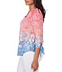 Color:Guava Multi - Image 3 - Ombre Paisley Print Knit Keyhole Neck Embroidered Shoulder Tie-Sleeve Top