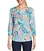 Color:White Multi - Image 1 - Paisley Floral Print Knit Square Neck 3/4 Sleeve Top