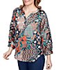 Color:Teal Multi - Image 3 - Paisley Patchwork Print Y-Neck 3/4 Sleeve Top