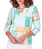 Color:Clear Blue Multi - Image 4 - Patchwork Knit Print Horseshoe Neck 3/4 Sleeve Top