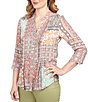 Color:Rust Multi - Image 3 - Patchwork Print Y-Neck Pleat Detail Roll-Tab Sleeve Button-Front Top