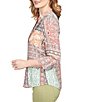 Color:Rust Multi - Image 4 - Patchwork Print Y-Neck Pleat Detail Roll-Tab Sleeve Button-Front Top