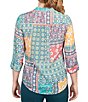 Color:Jade Multi - Image 2 - Patchwork Print Y-Neck Pleat Detail Roll-Tab Sleeve Button-Front Top
