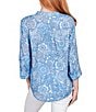 Color:Blue Light Combo Multi - Image 2 - Petite Size Floral Print Band Notch V-Neck Roll-Tab Sleeve Pleat Button-Front Blouse