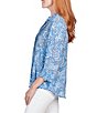 Color:Blue Light Combo Multi - Image 3 - Petite Size Floral Print Band Notch V-Neck Roll-Tab Sleeve Pleat Button-Front Blouse