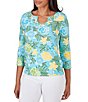 Color:Aruba Multi - Image 4 - Petite Size Floral Print Knit Embellished Horseshoe Neckline 3/4 Sleeve Top