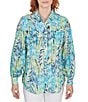 Color:Aruba Blue Multi - Image 1 - Petite Size Foliage Print Allover Eyelet Embroidery Point Collar Long Sleeve Button-Front Shirt