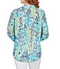Color:Aruba Blue Multi - Image 2 - Petite Size Foliage Print Allover Eyelet Embroidery Point Collar Long Sleeve Button-Front Shirt