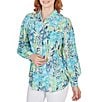 Color:Aruba Blue Multi - Image 4 - Petite Size Foliage Print Allover Eyelet Embroidery Point Collar Long Sleeve Button-Front Shirt