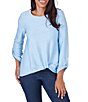 Color:Light Chambray - Image 1 - Petite Size Honeycomb Knit Crew Neck Gathered Front Hem Long Sleeve Top