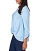 Color:Light Chambray - Image 3 - Petite Size Honeycomb Knit Crew Neck Gathered Front Hem Long Sleeve Top