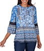 Color:Light Chambray - Image 1 - Petite Size Knit Lace Detail Floral Border Print Ruffle Trim Crew Neck 3/4 Flounce Sleeve Top